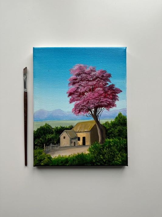 Cottage Under the Pink Tree – 8x10 Original Acrylic Landscape Painting
