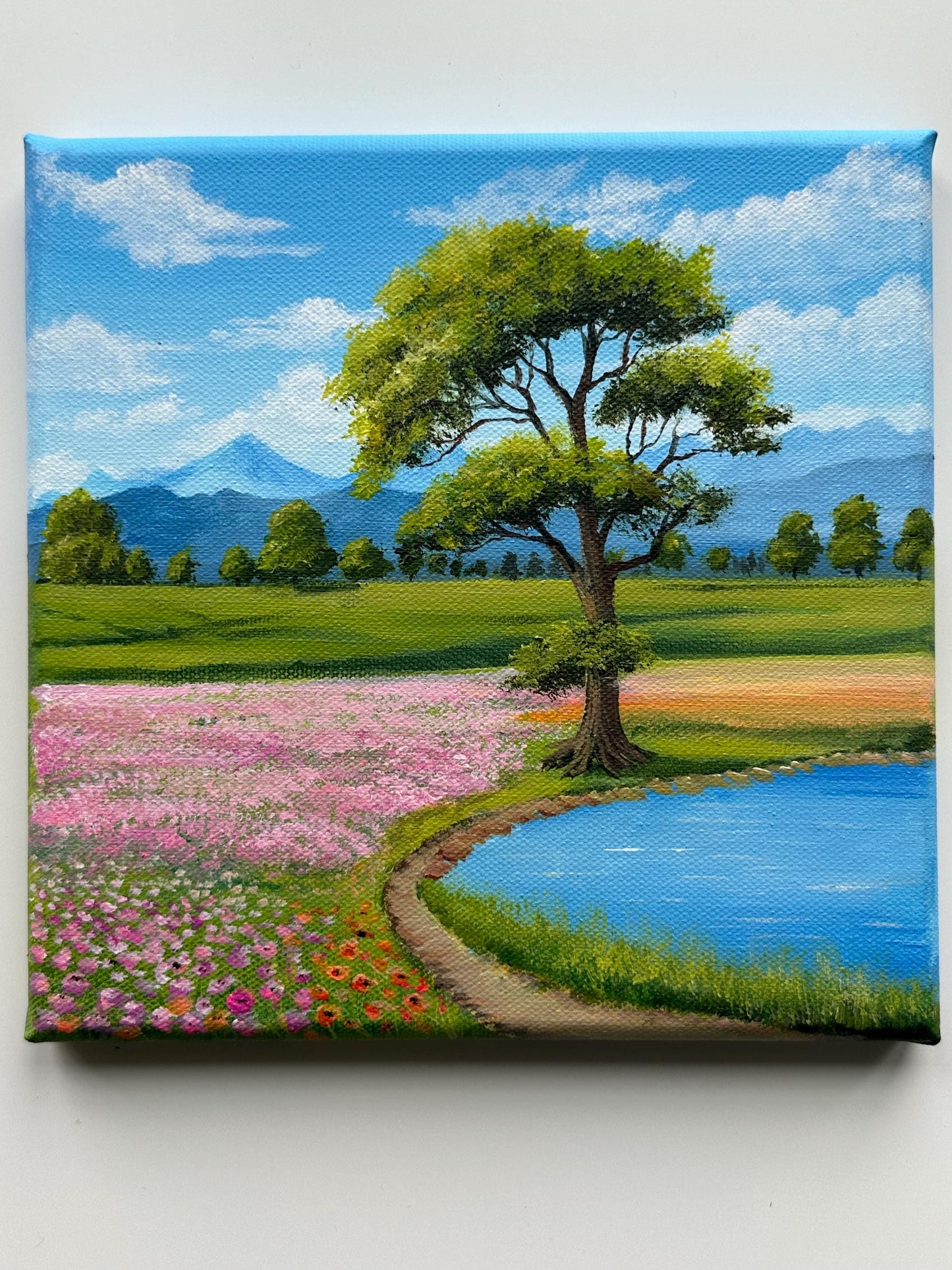 Spring by the Pond – 8x8 Original Acrylic Landscape Painting