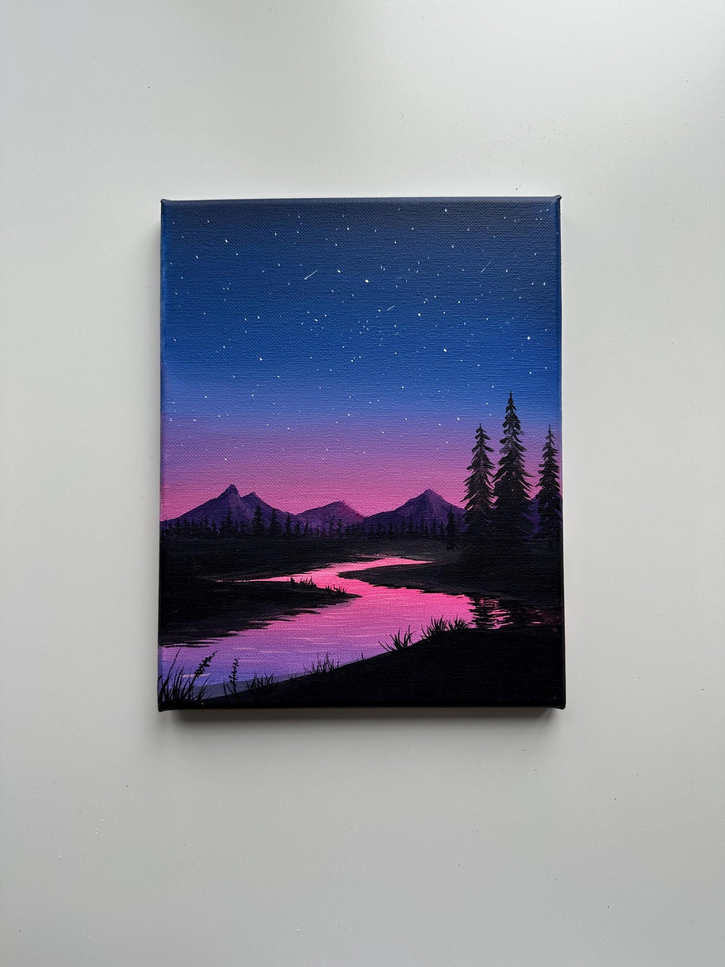 Original Night Landscape Painting – 8x10 Starry Sky & River Scene – Purple Twilight Mountains