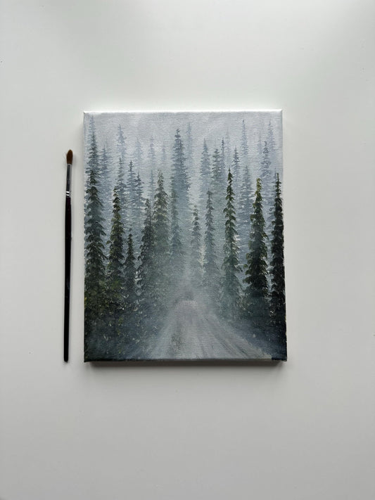 Misty Pine Forest Path – Original 8x10 Acrylic Landscape Painting