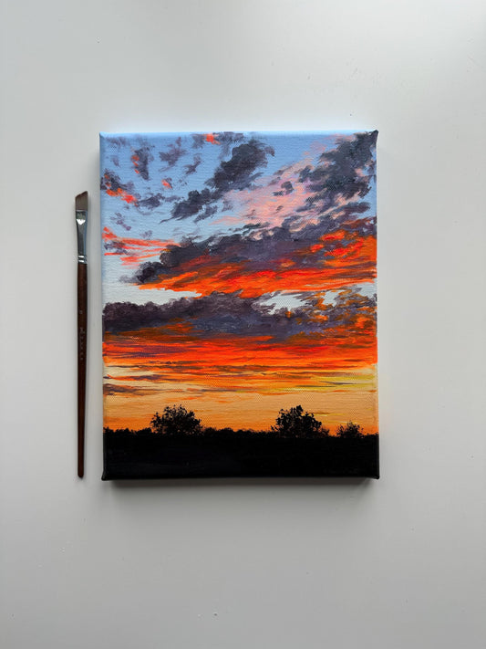 Original Sunset Sky Painting – 8x10 Cloudscape Wall Art – Orange & Red Evening Clouds