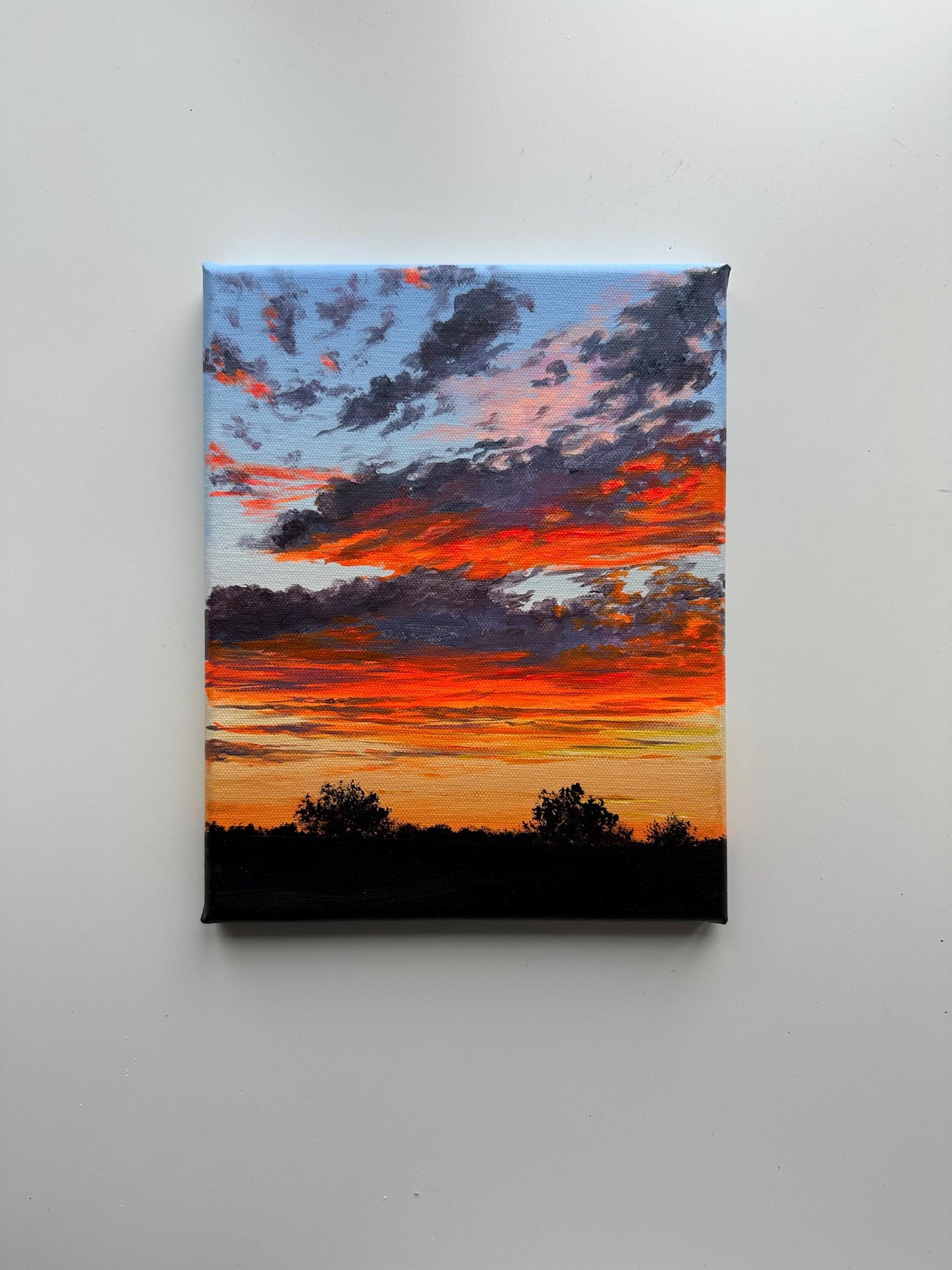 Original Sunset Sky Painting – 8x10 Cloudscape Wall Art – Orange & Red Evening Clouds