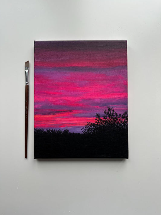 Original Pink Sunset Painting – 8x10 Twilight Sky Wall Art – Bold Cloudscape on Canvas