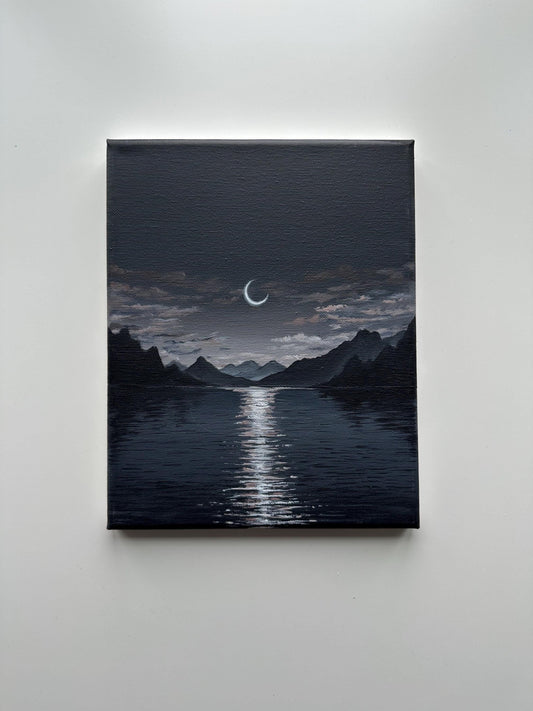 Crescent Moon Lake Night Painting on Canvas – Original 8x10 in