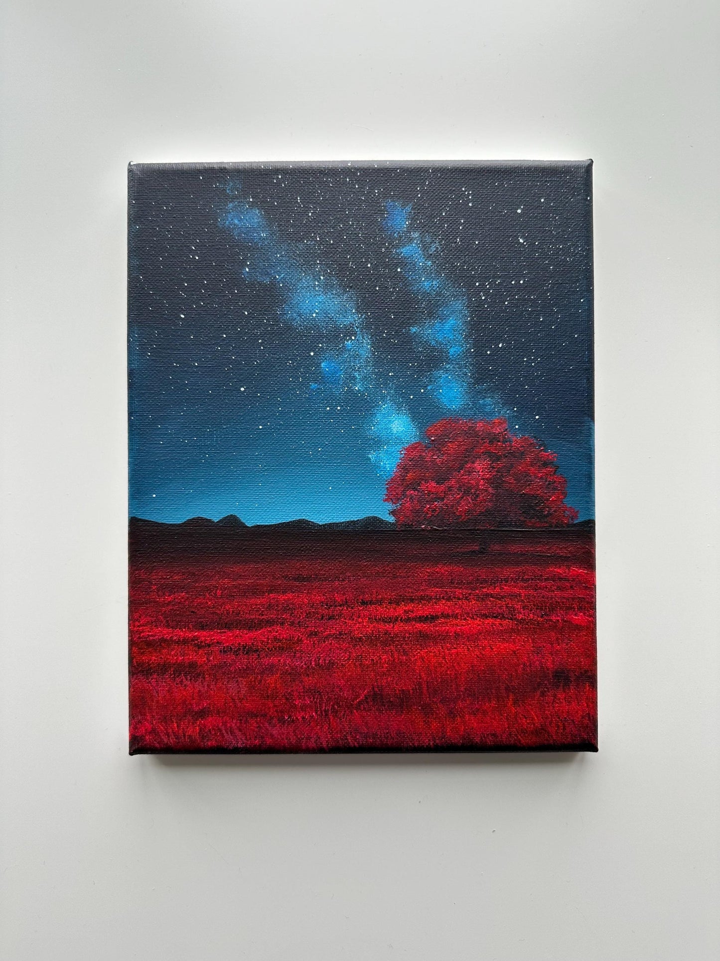 Red Tree Under the Stars – 8x10 Night Sky Painting, Galaxy Landscape Art