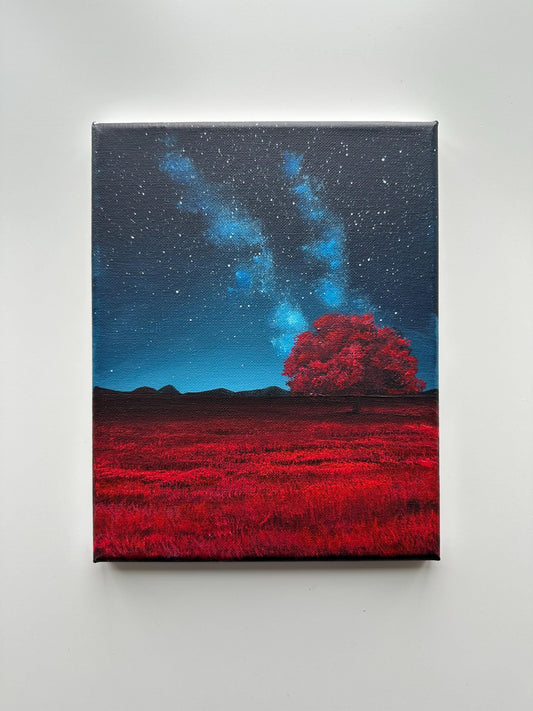 Red Tree Under the Stars – 8x10 Night Sky Painting, Galaxy Landscape Art