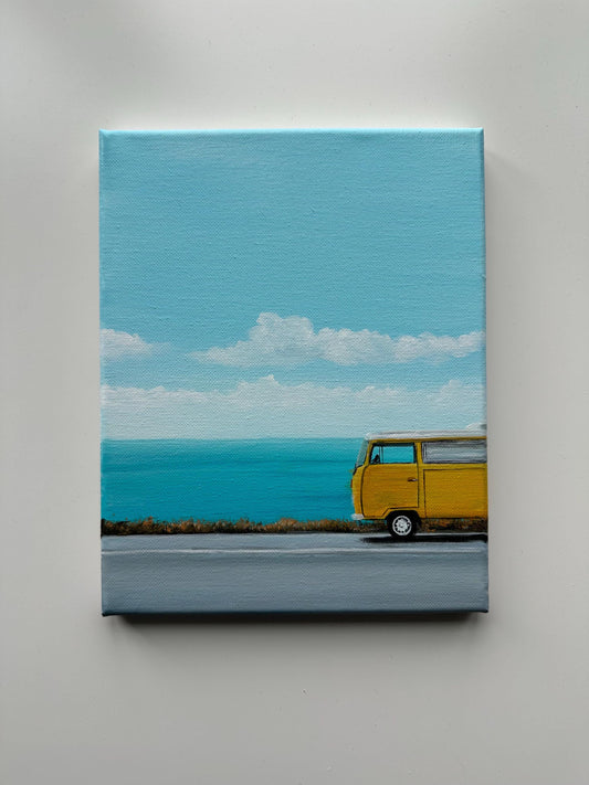 Yellow Van Ocean Painting – 8x10 Original Acrylic Coastal Art