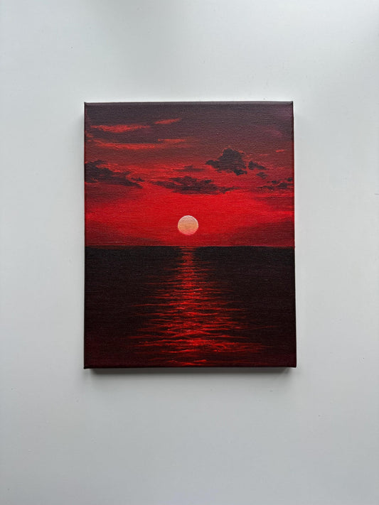 Original Red Sunset Seascape Painting - 8x10 Acrylic Crimson Horizon