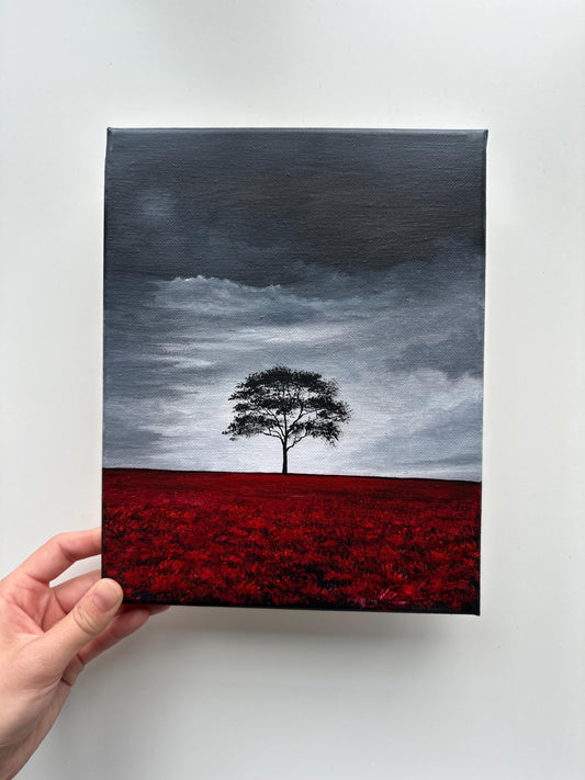 Original Stormy Sky Landscape Painting – Lone Tree, Red Field 8x10 Acrylic