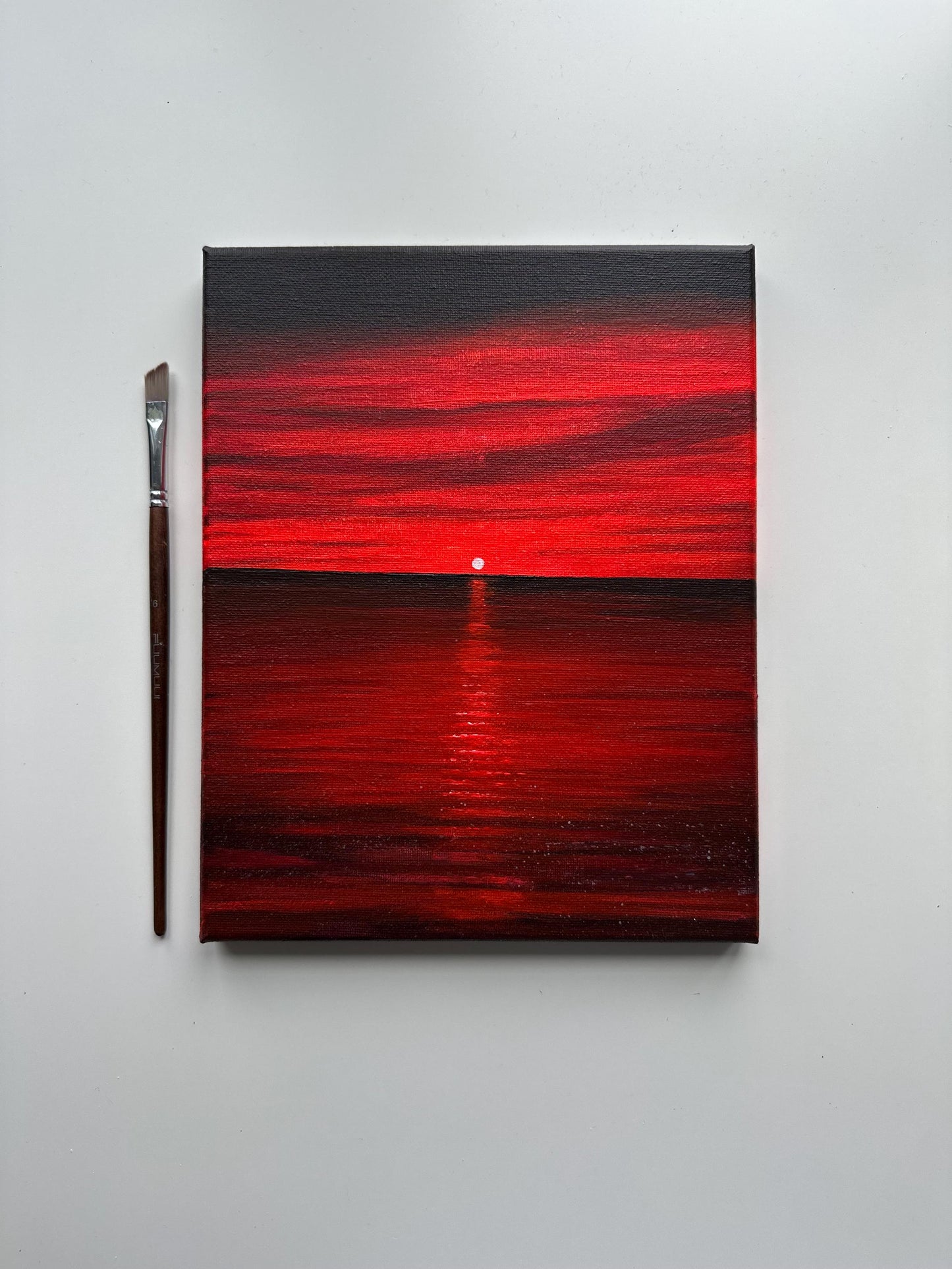 Original Red Sunset Seascape Painting – 8x10 Acrylic Art