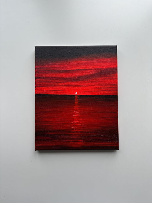 Original Red Sunset Seascape Painting – 8x10 Acrylic Art