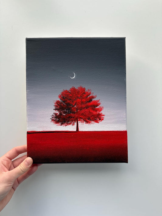 Red Tree Moon Painting, Minimal Landscape Art, Original Acrylic Tree Painting, 8x10