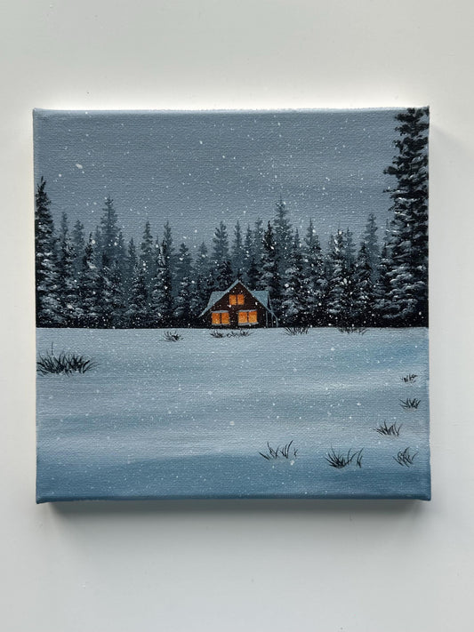 Snowy Cabin Painting, Winter Forest Landscape Art, Cozy Night Cabin Acrylic Painting, Original 8x8 Canvas