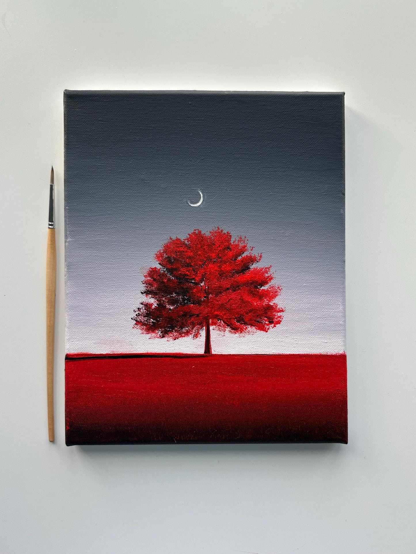 Red Tree Moon Painting, Minimal Landscape Art, Original Acrylic Tree Painting, 8x10