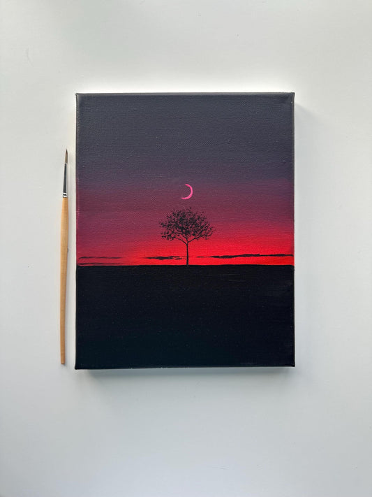 Dark Red Sunset Tree Painting, Minimal Night Landscape Art, Original Acrylic Painting, 8x10