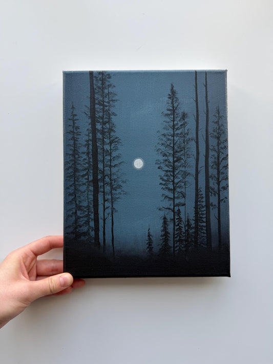 Original Acrylic Moonlit Forest Painting | Misty Night Landscape, Moody Wall Art 8x10