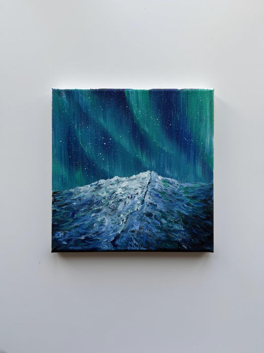 Original Aurora Borealis Painting 8x8, Northern Lights Mountain Art, Small Acrylic Landscape on Canvas