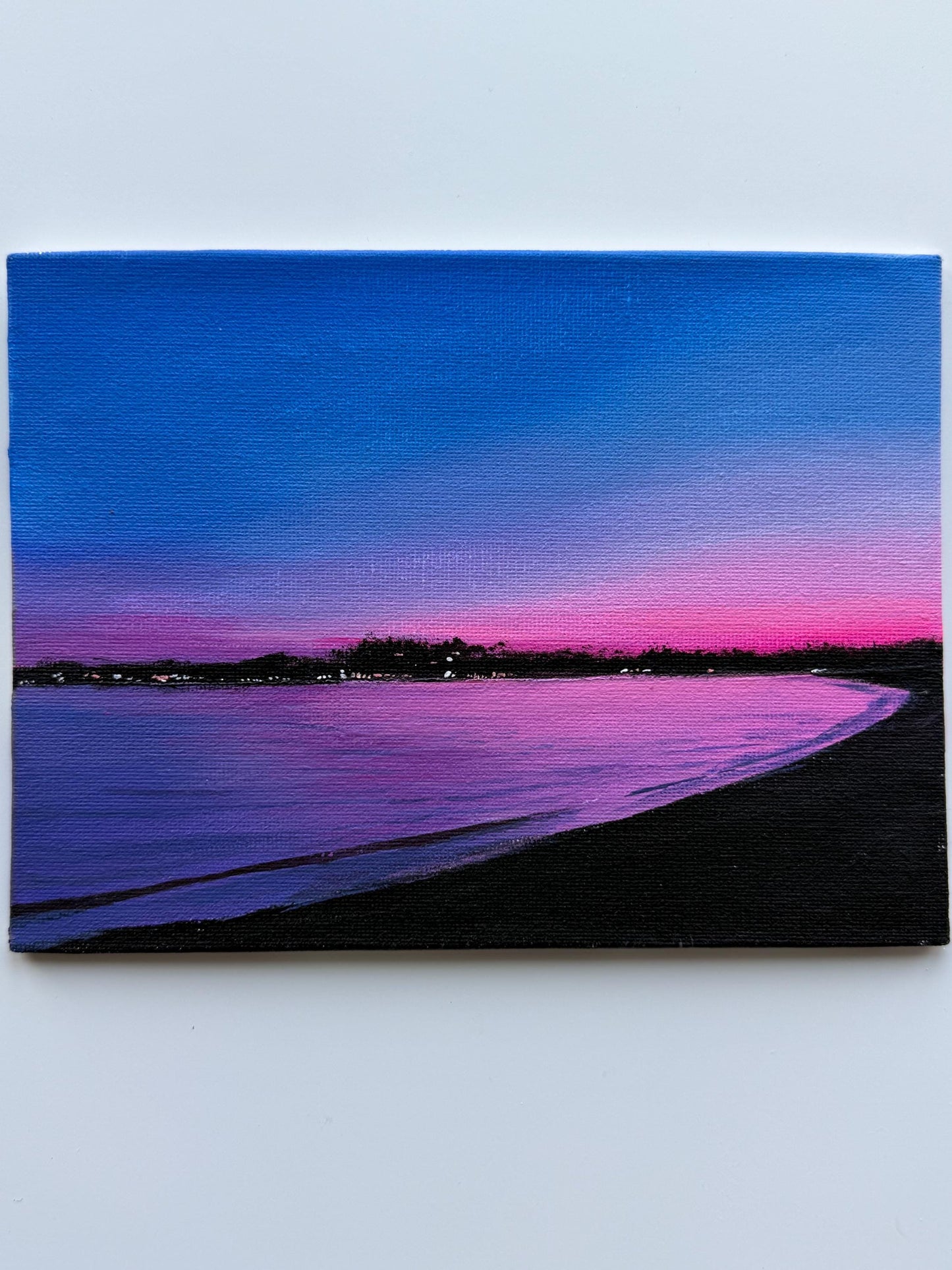 Original Beach Sunset Painting 6x8, Pink Purple Ocean Seascape Canvas Panel Artwork