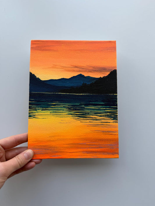 Original Acrylic Lake Sunset Painting 6x8, Mountain Reflection Landscape Art (Canvas Panel)