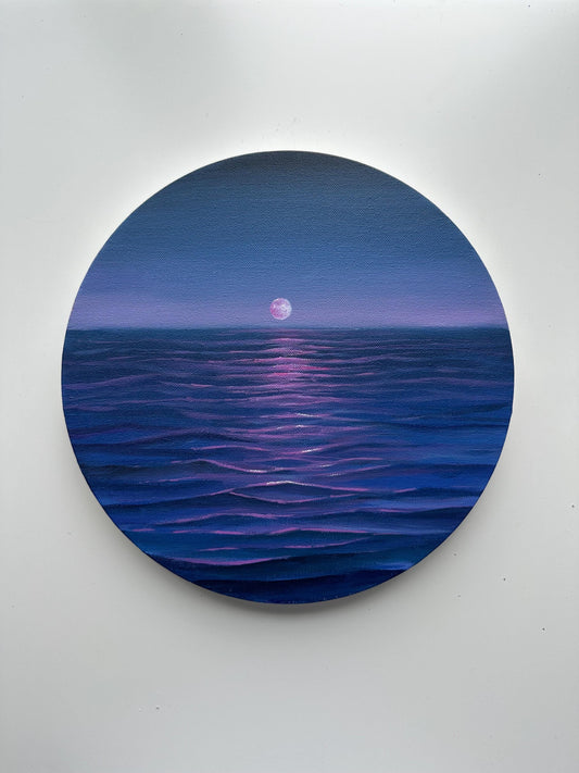 Original Moon Ocean Painting, Purple Blue Seascape Wall Art, 12 Inch Round Canvas