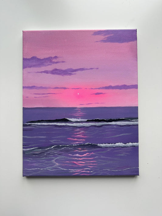 Original Pink Purple Ocean Sunset Painting, 11x14 Stretched Canvas Seascape Wall Art