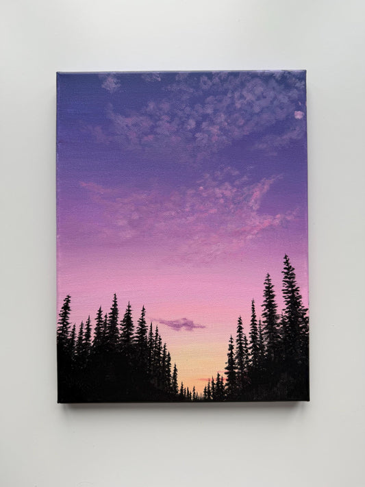 Original Purple Sunset Forest Painting 9x12, Pine Silhouette Landscape on Canvas