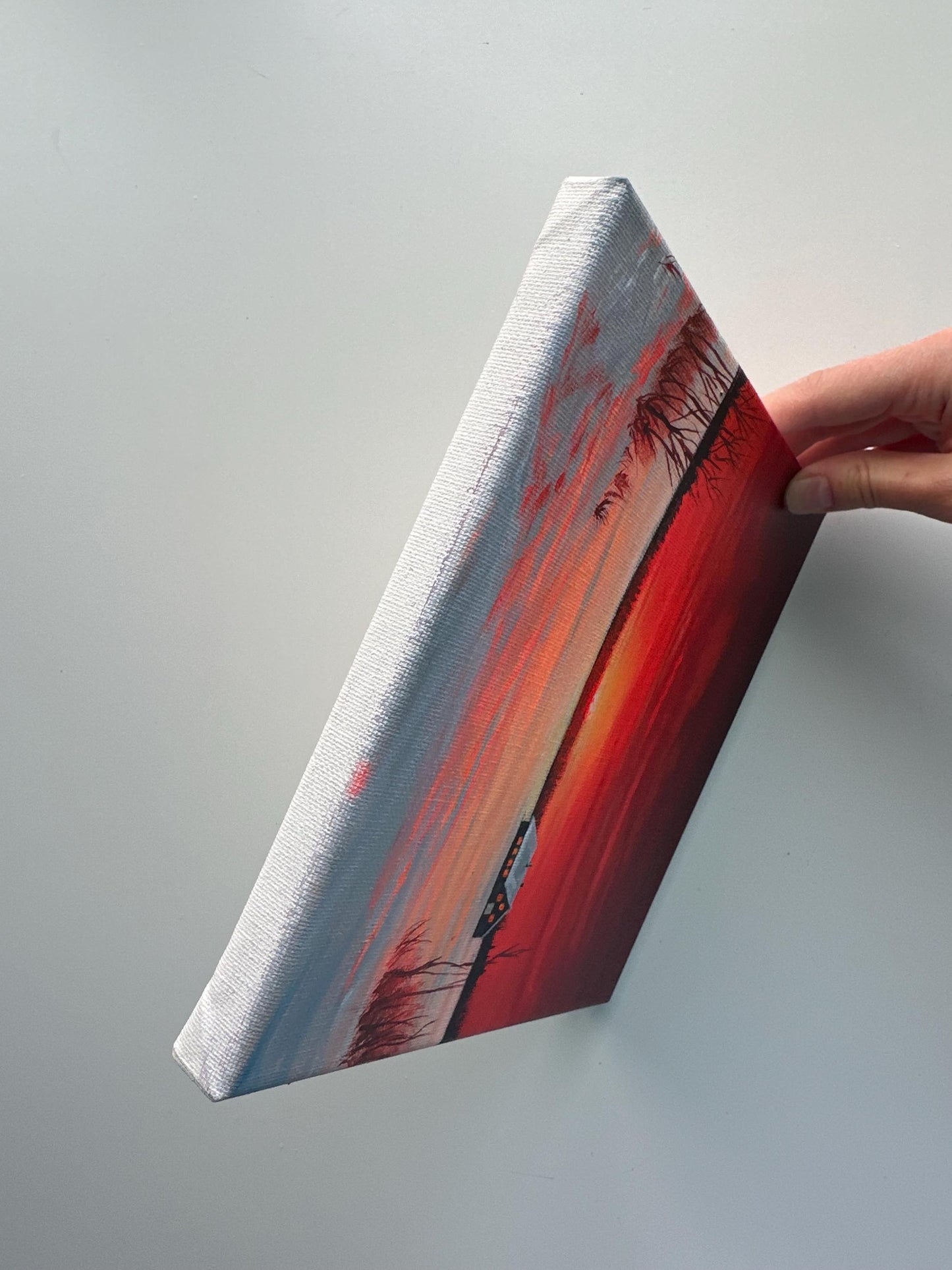 Red Winter Sunset Painting, Snowy Cabin Landscape Art, Original Acrylic Winter Scene, 8x8 Canvas