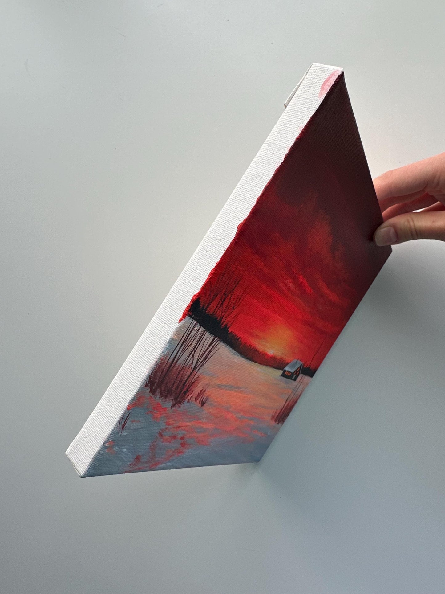 Red Winter Sunset Painting, Snowy Cabin Landscape Art, Original Acrylic Winter Scene, 8x8 Canvas