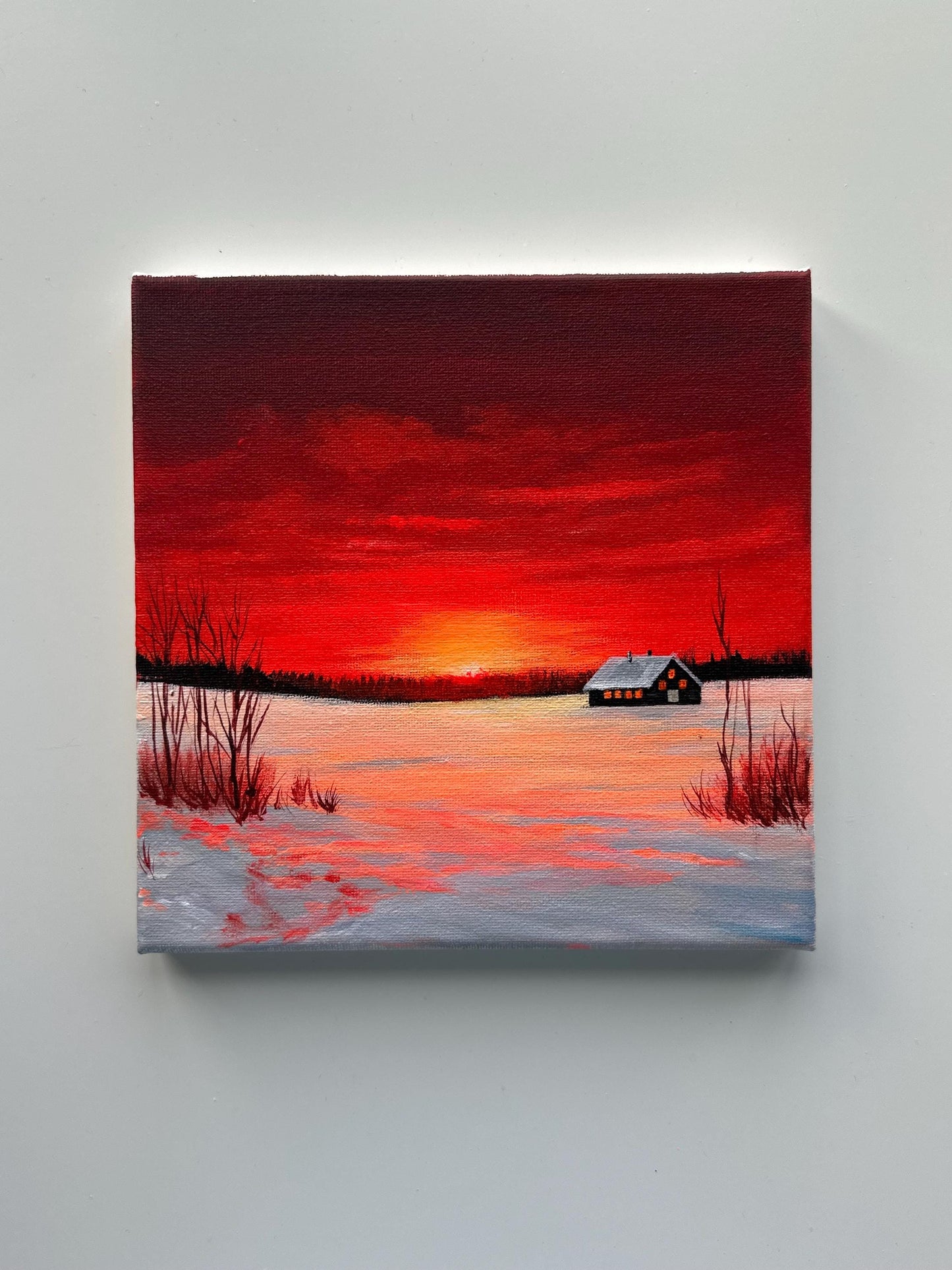 Red Winter Sunset Painting, Snowy Cabin Landscape Art, Original Acrylic Winter Scene, 8x8 Canvas