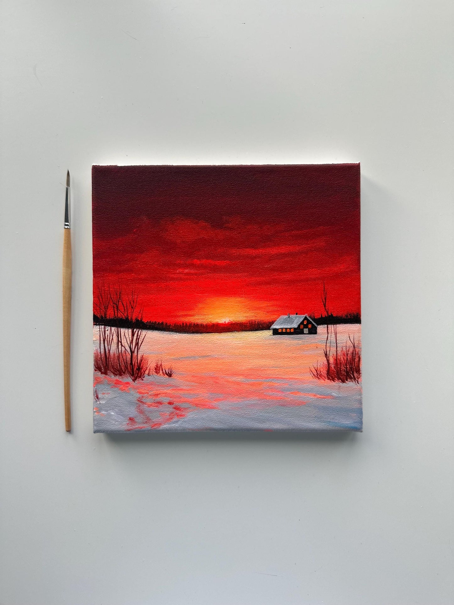 Red Winter Sunset Painting, Snowy Cabin Landscape Art, Original Acrylic Winter Scene, 8x8 Canvas