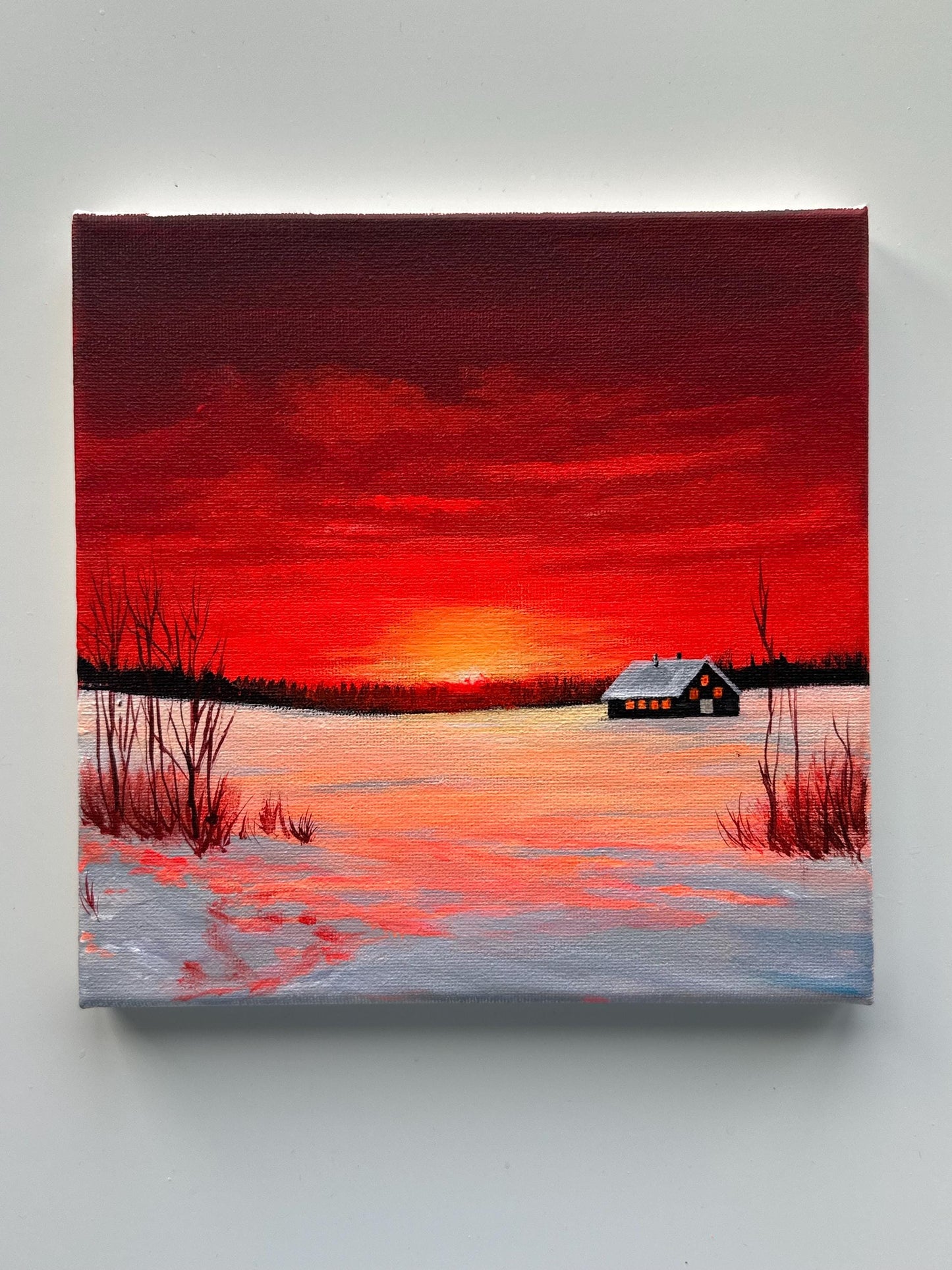 Red Winter Sunset Painting, Snowy Cabin Landscape Art, Original Acrylic Winter Scene, 8x8 Canvas
