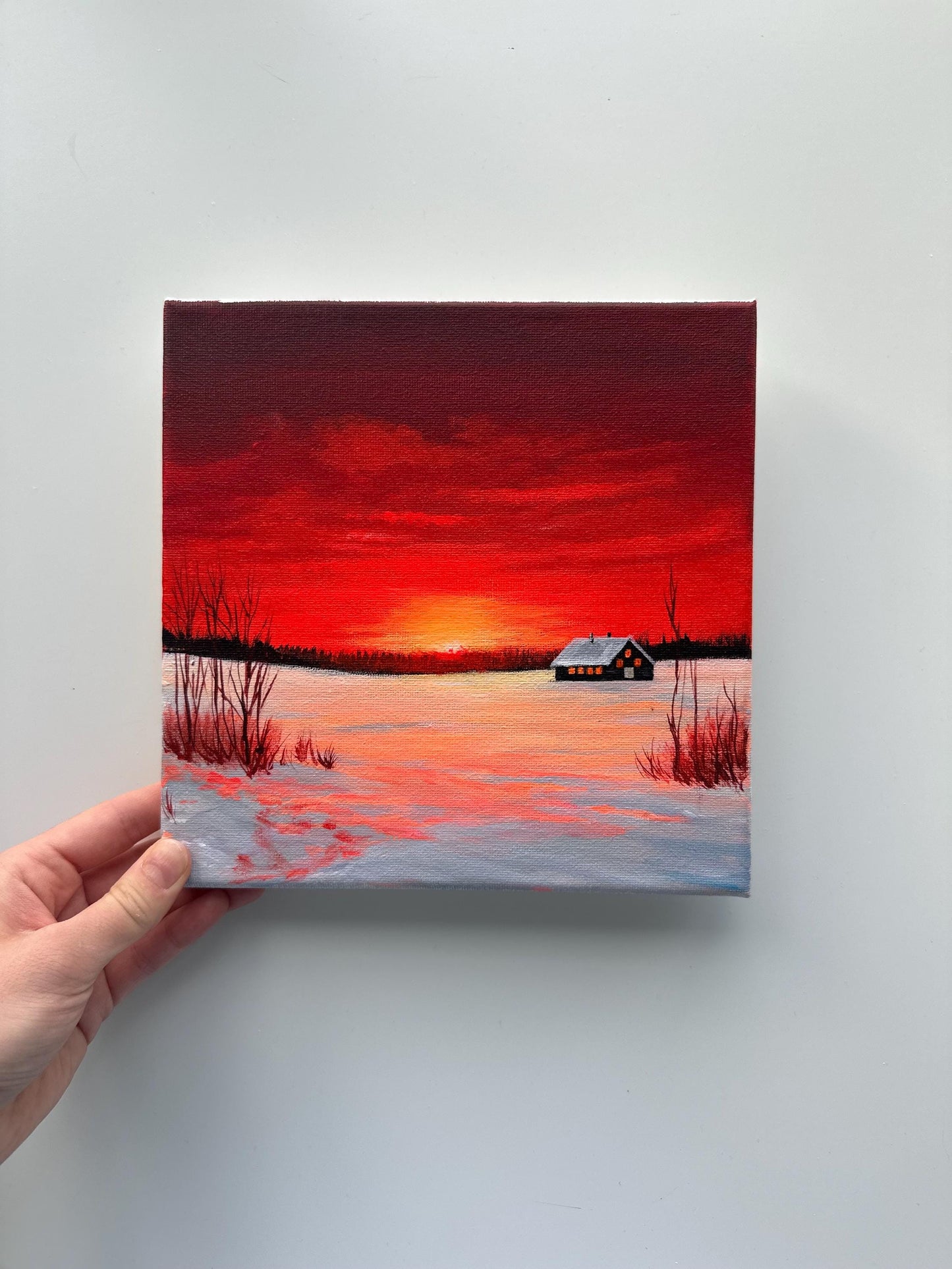 Red Winter Sunset Painting, Snowy Cabin Landscape Art, Original Acrylic Winter Scene, 8x8 Canvas