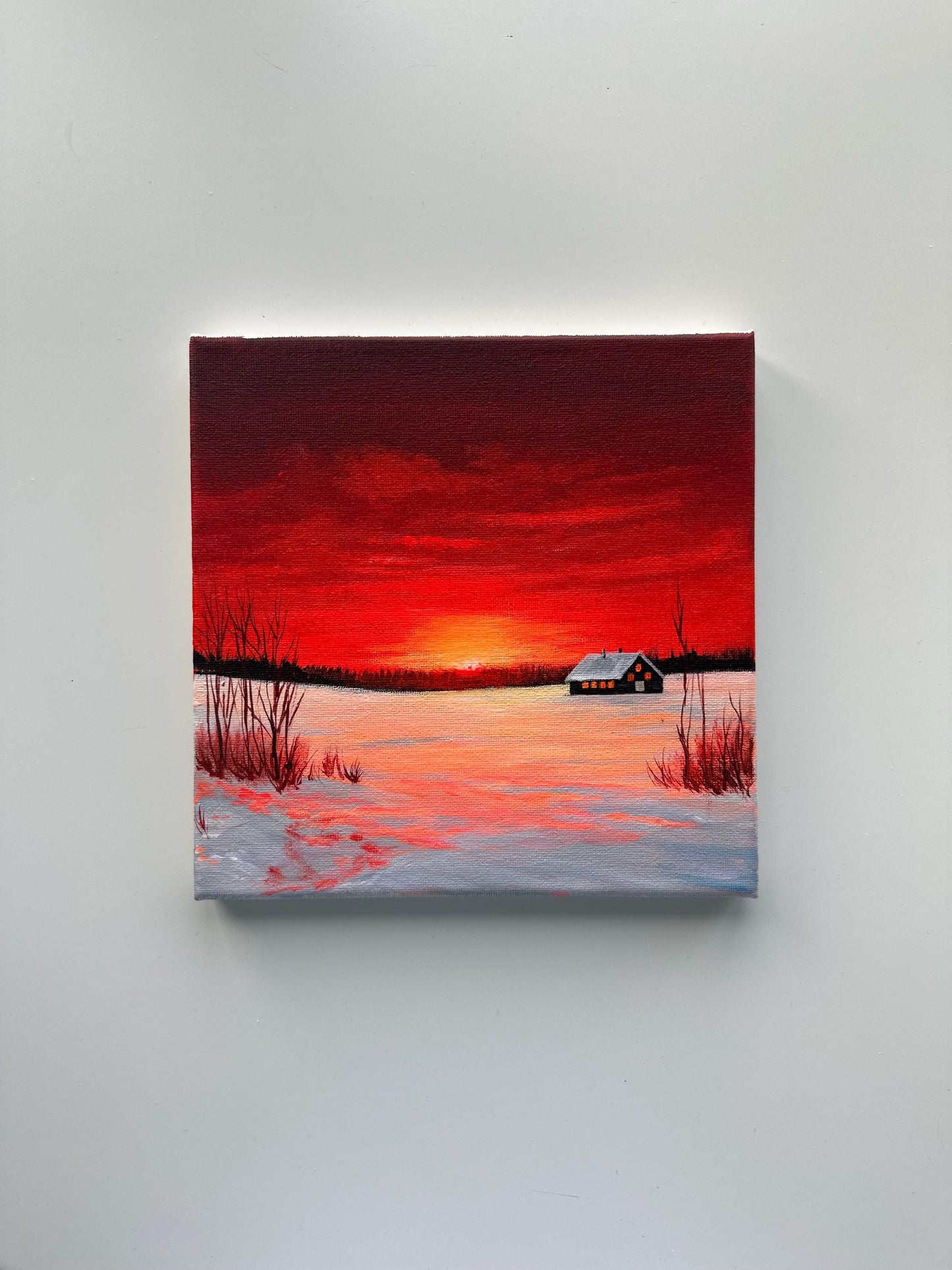 Red Winter Sunset Painting, Snowy Cabin Landscape Art, Original Acrylic Winter Scene, 8x8 Canvas
