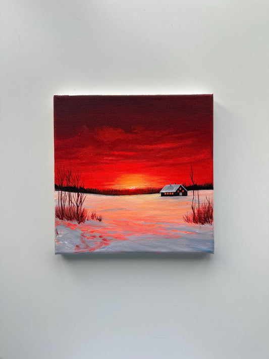 Red Winter Sunset Painting, Snowy Cabin Landscape Art, Original Acrylic Winter Scene, 8x8 Canvas