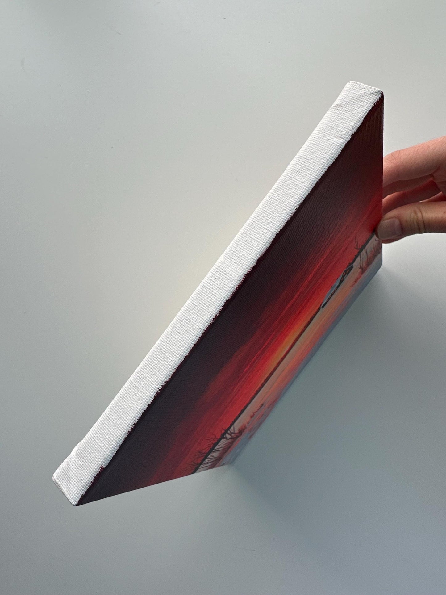 Red Winter Sunset Painting, Snowy Cabin Landscape Art, Original Acrylic Winter Scene, 8x8 Canvas