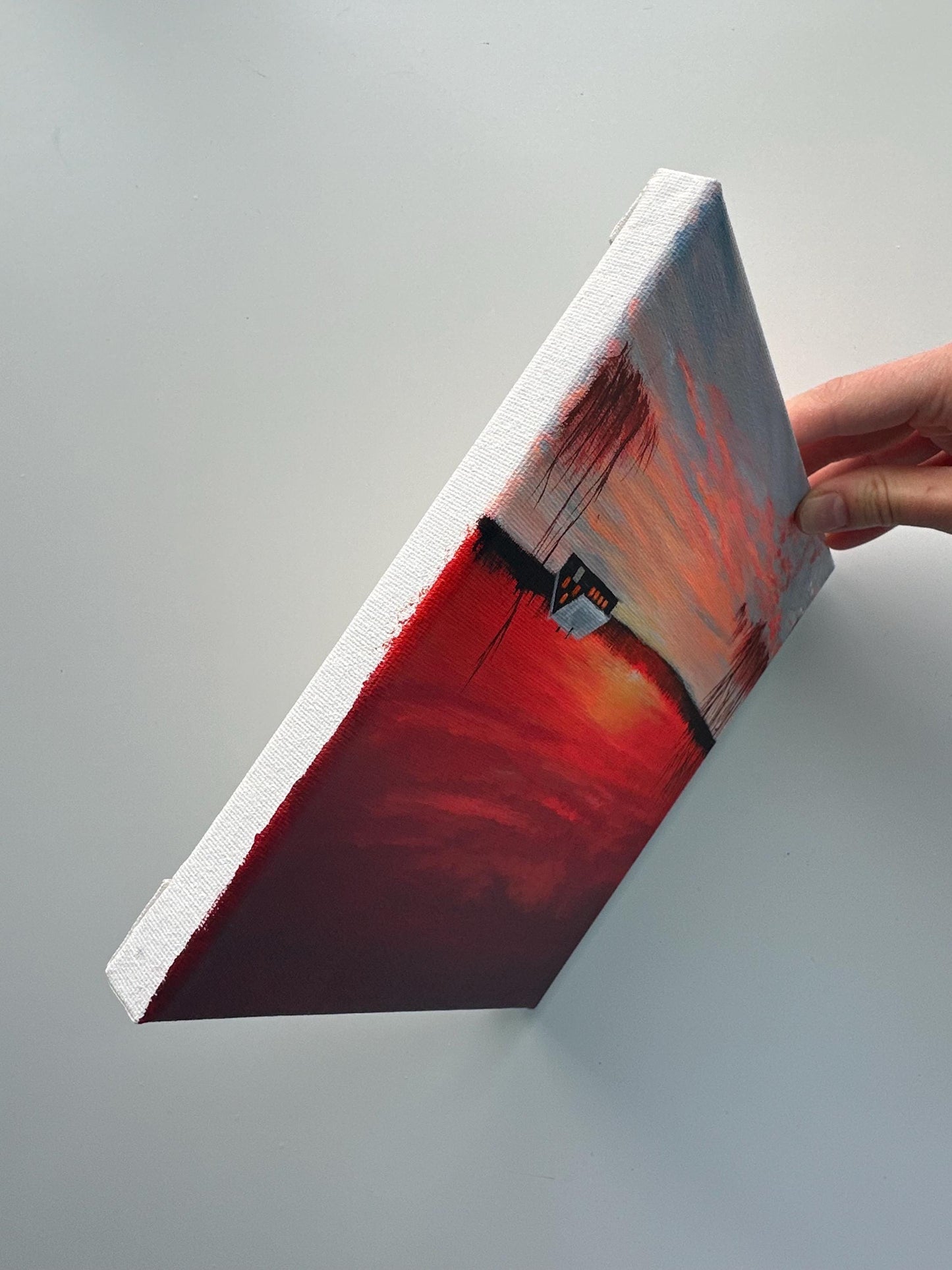 Red Winter Sunset Painting, Snowy Cabin Landscape Art, Original Acrylic Winter Scene, 8x8 Canvas