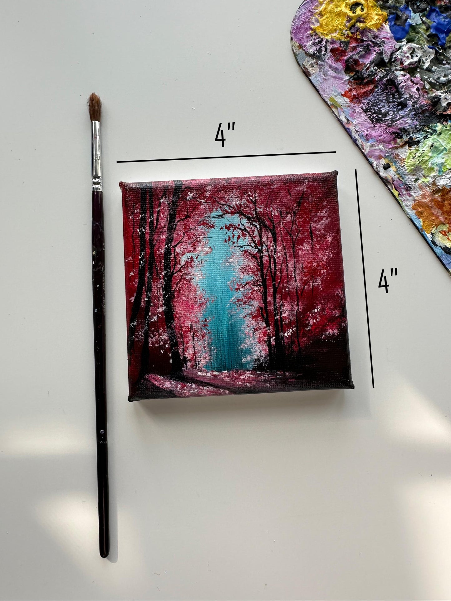 Enchanted Red Forest Painting: Original Acrylic on Mini Canvas (4x4)