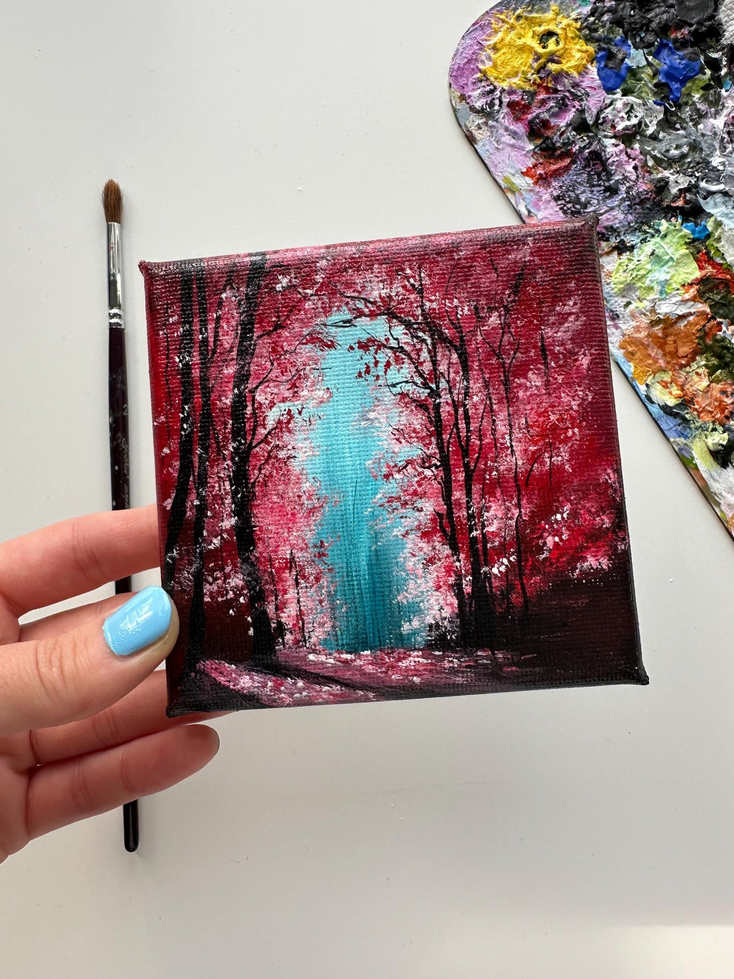 Enchanted Red Forest Painting: Original Acrylic on Mini Canvas (4x4)