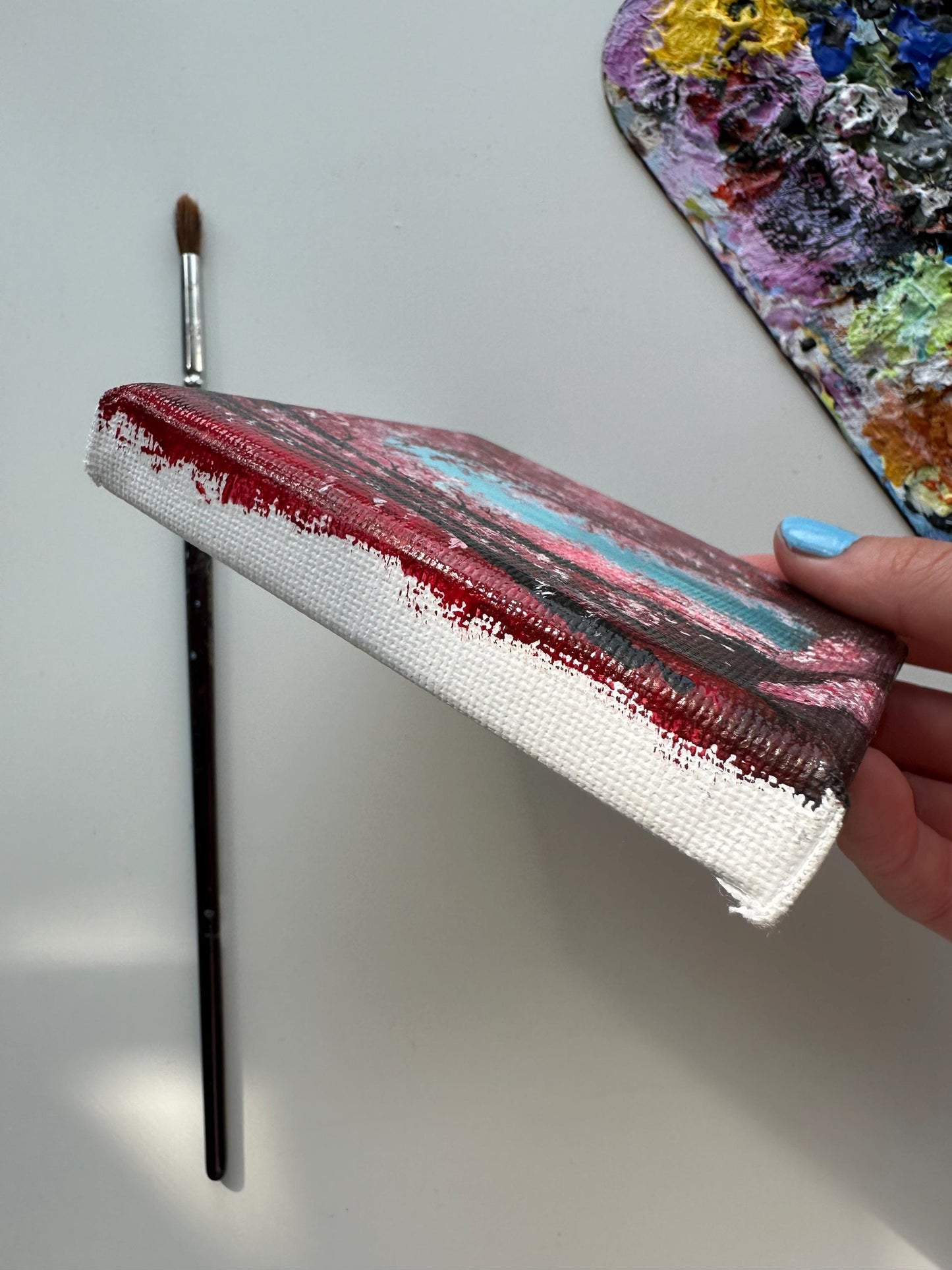 Enchanted Red Forest Painting: Original Acrylic on Mini Canvas (4x4)
