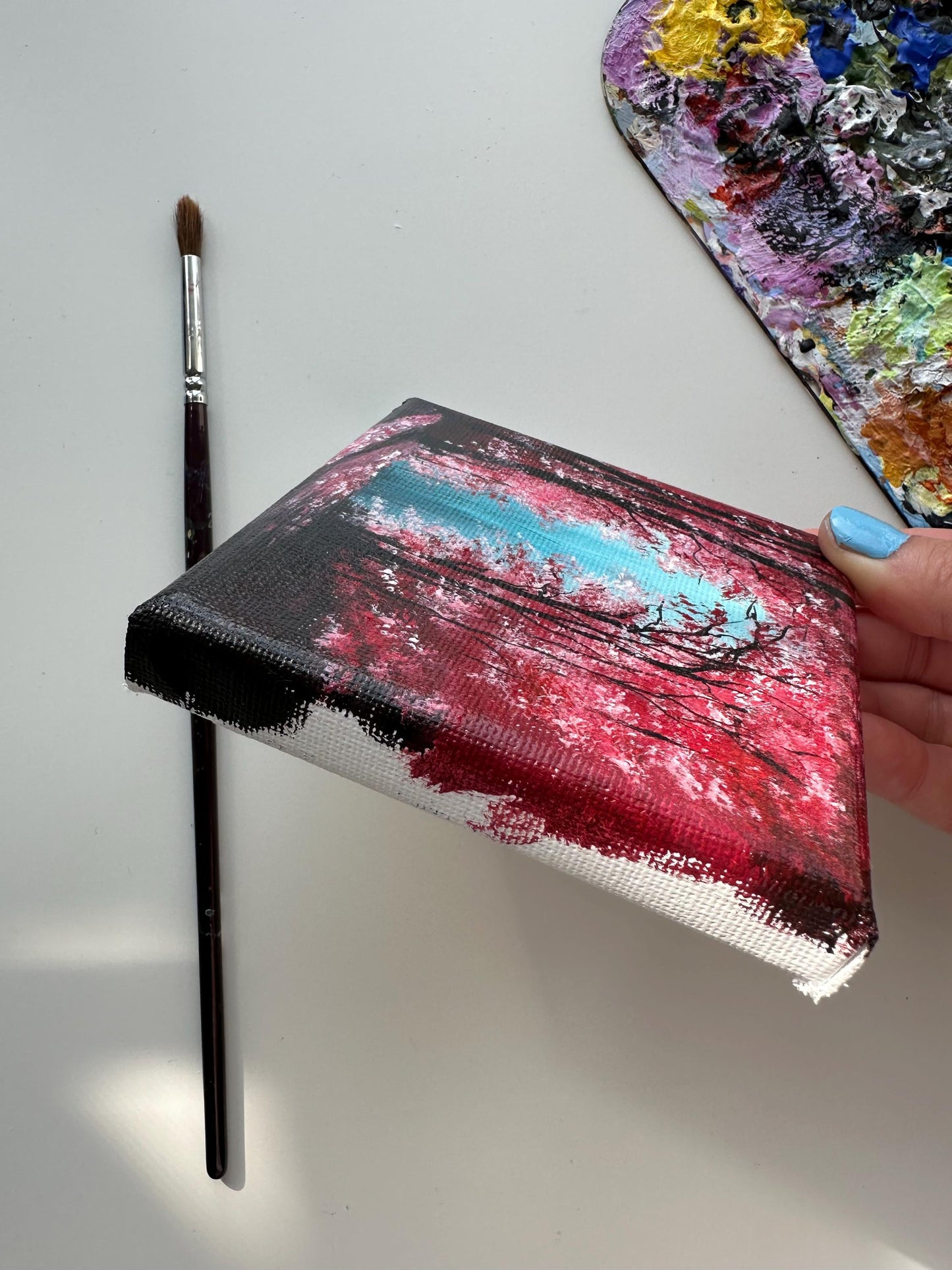 Enchanted Red Forest Painting: Original Acrylic on Mini Canvas (4x4)