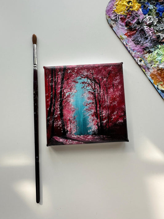 Enchanted Red Forest Painting: Original Acrylic on Mini Canvas (4x4)