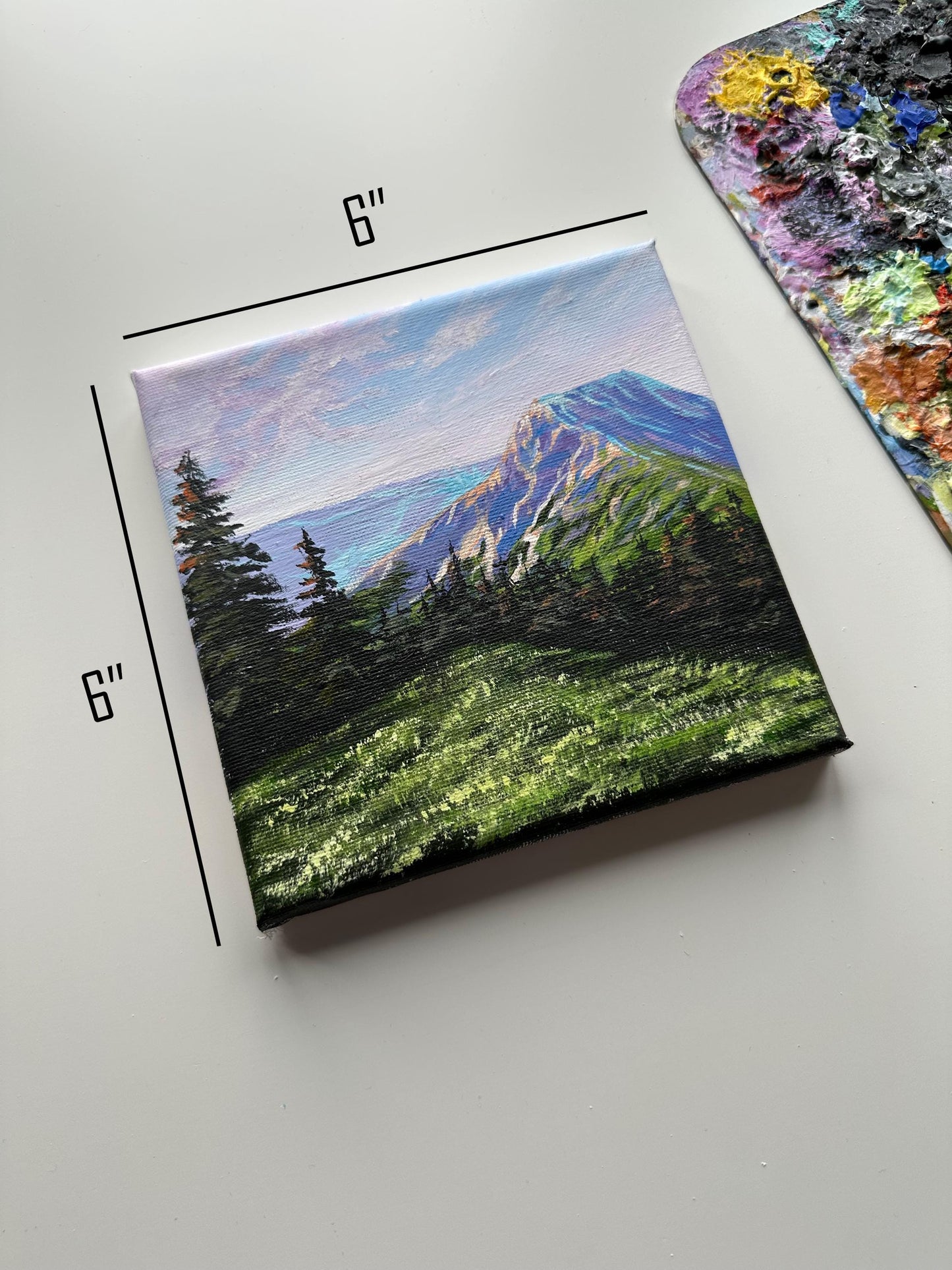 Snowy Mountain Valley Painting: Original Acrylic Art on 6" Canvas