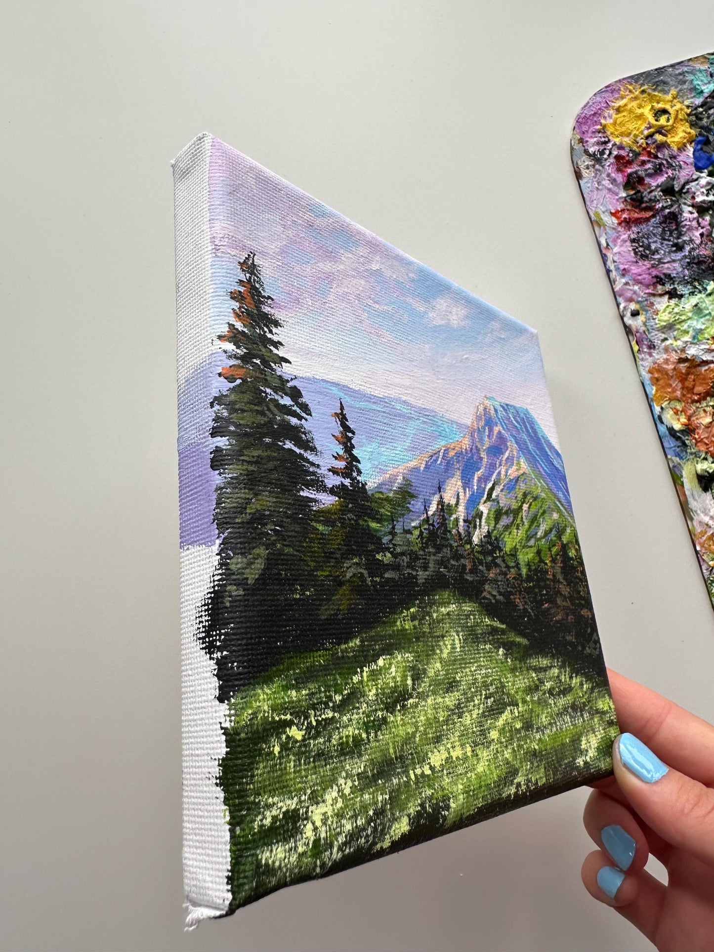 Snowy Mountain Valley Painting: Original Acrylic Art on 6" Canvas