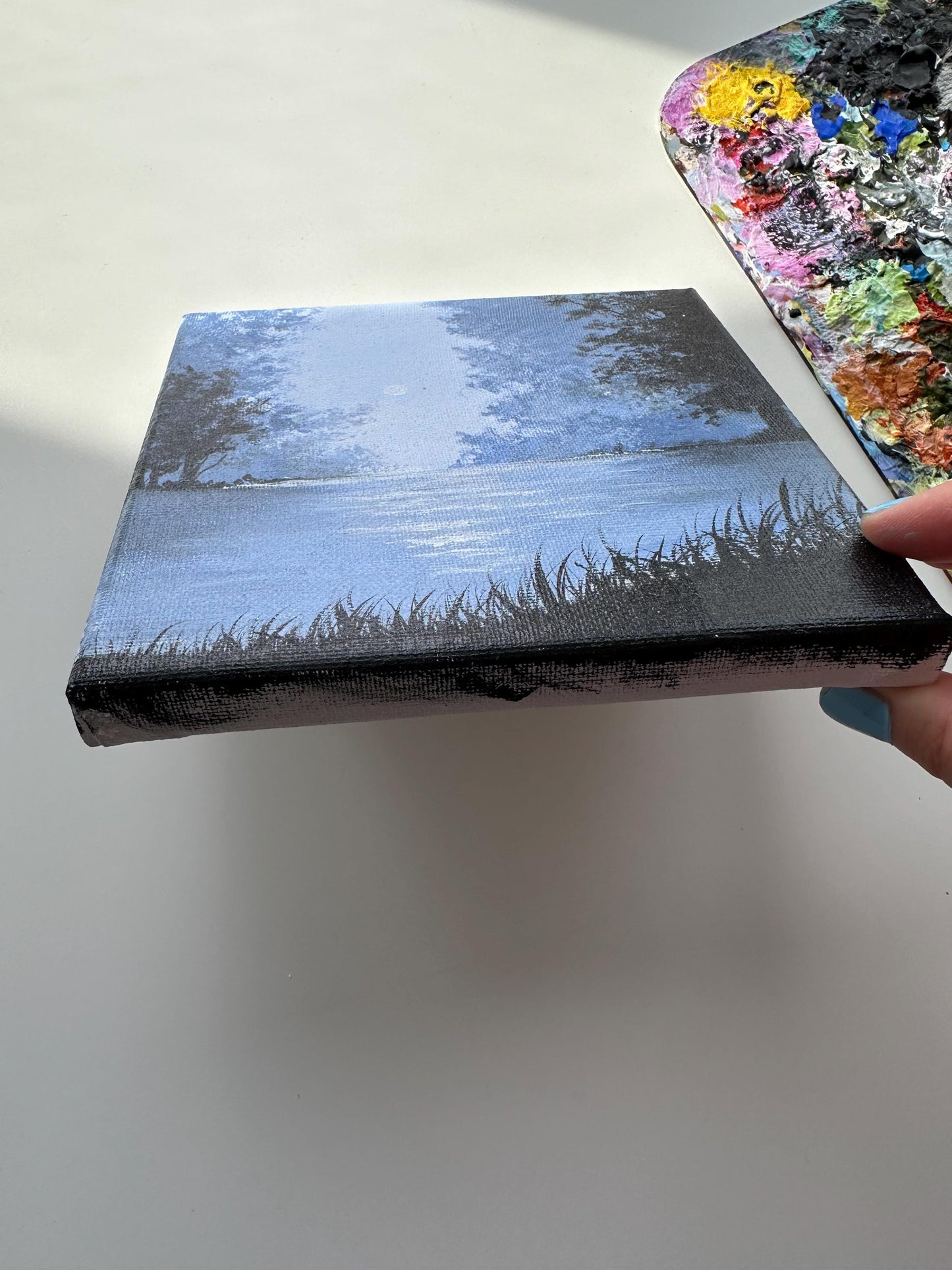 Moonlit Lake Acrylic Painting: Foggy Forest Landscape, Minimalist Art (6x6)