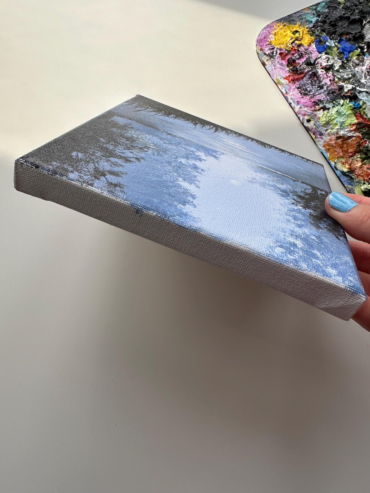 Moonlit Lake Acrylic Painting: Foggy Forest Landscape, Minimalist Art (6x6)