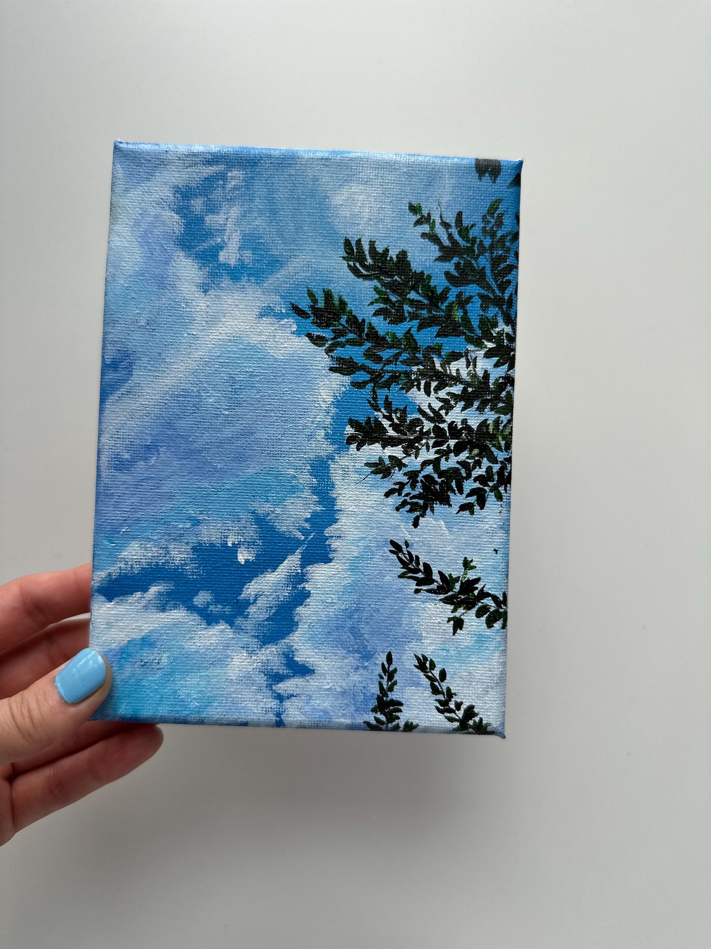 Original Sunny Sky Acrylic Painting: Clouds, Tree Branch, 5x7 Canvas
