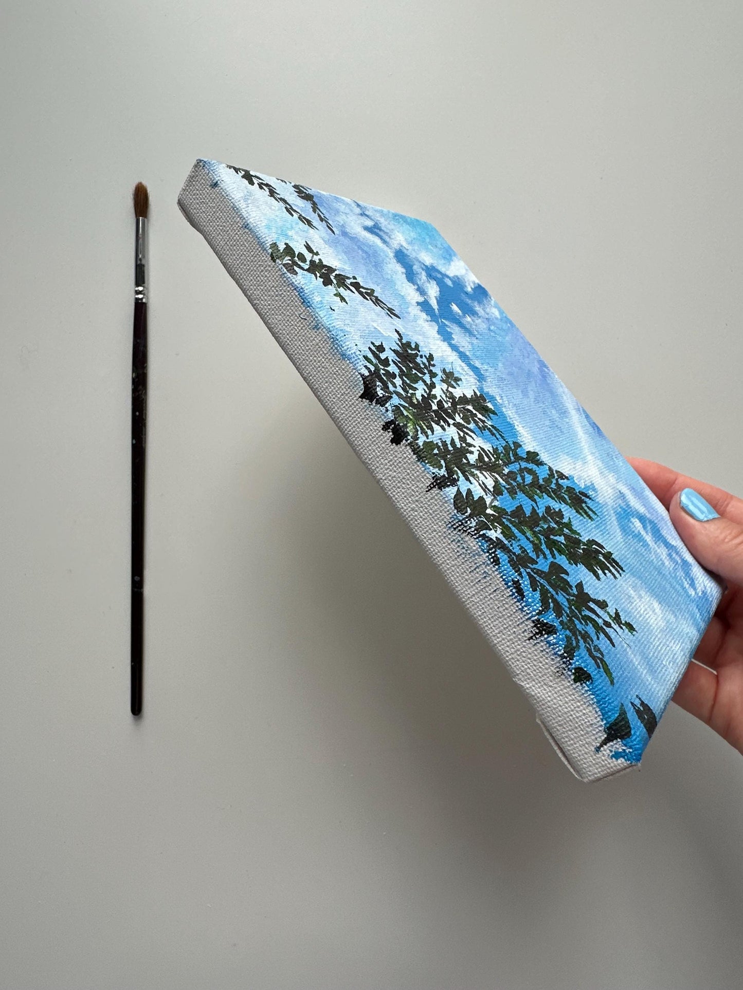 Original Sunny Sky Acrylic Painting: Clouds, Tree Branch, 5x7 Canvas