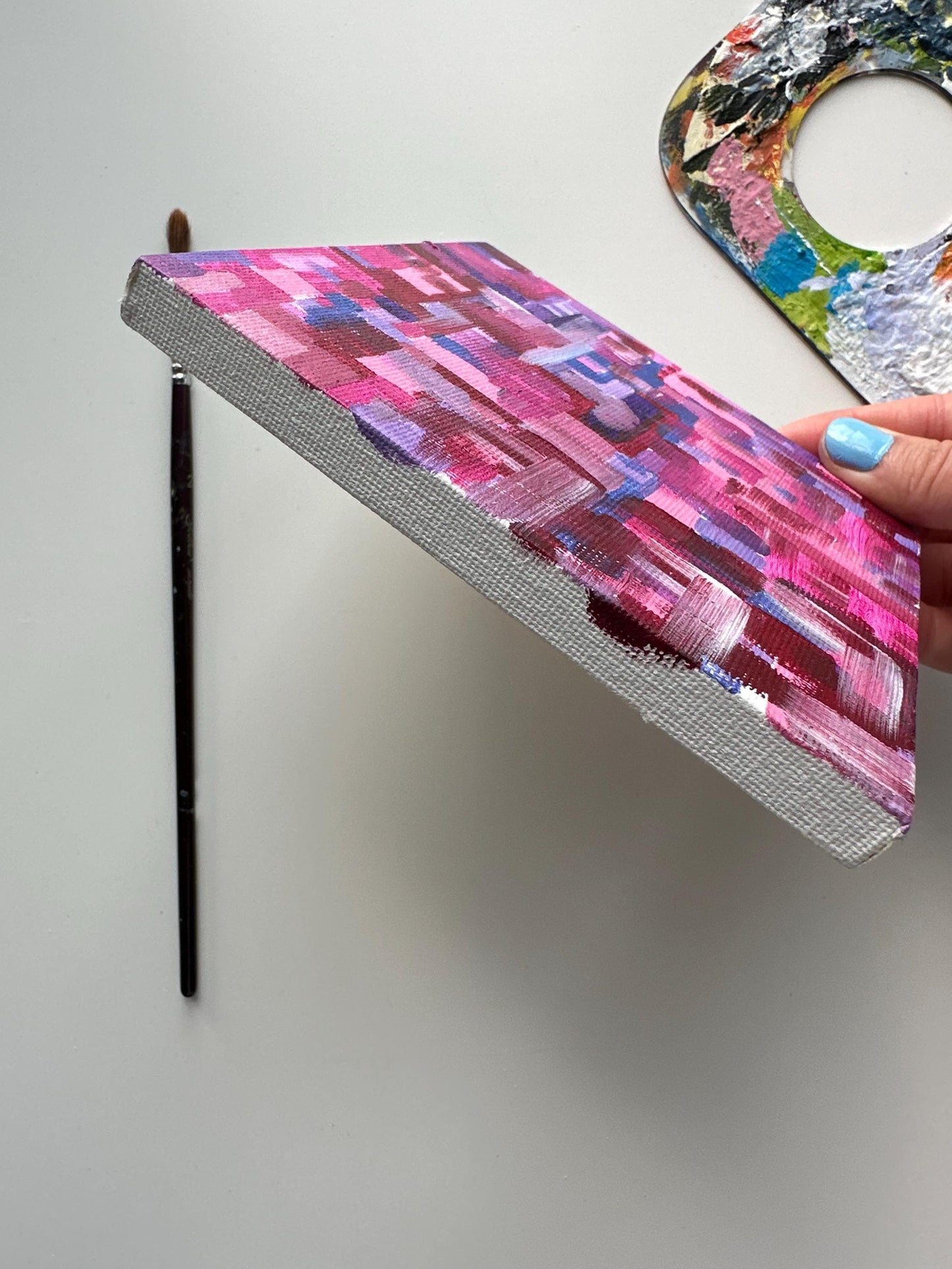 Original Mini Acrylic Painting: Pink Purple Abstract Art (5"x5")