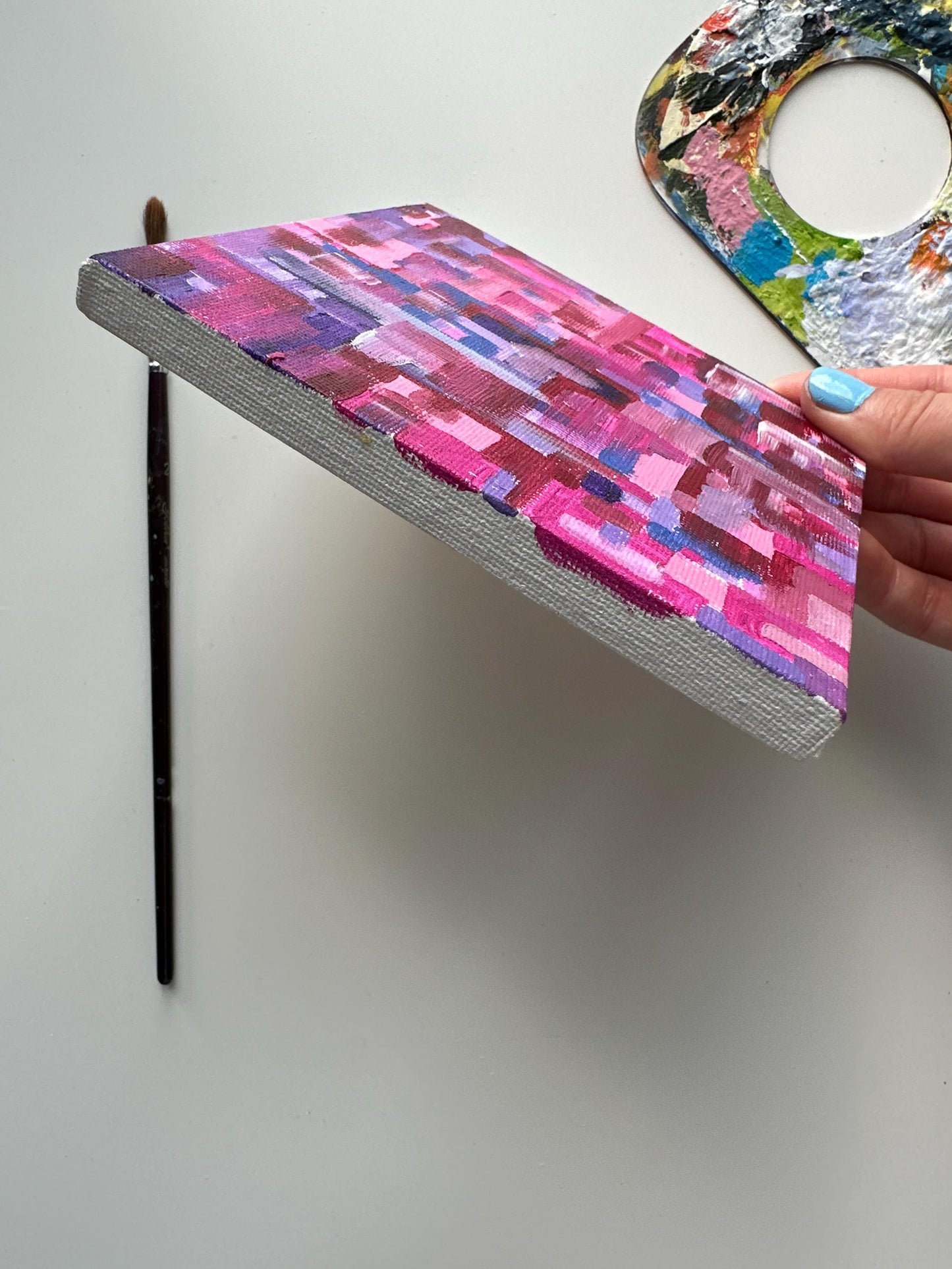 Original Mini Acrylic Painting: Pink Purple Abstract Art (5"x5")