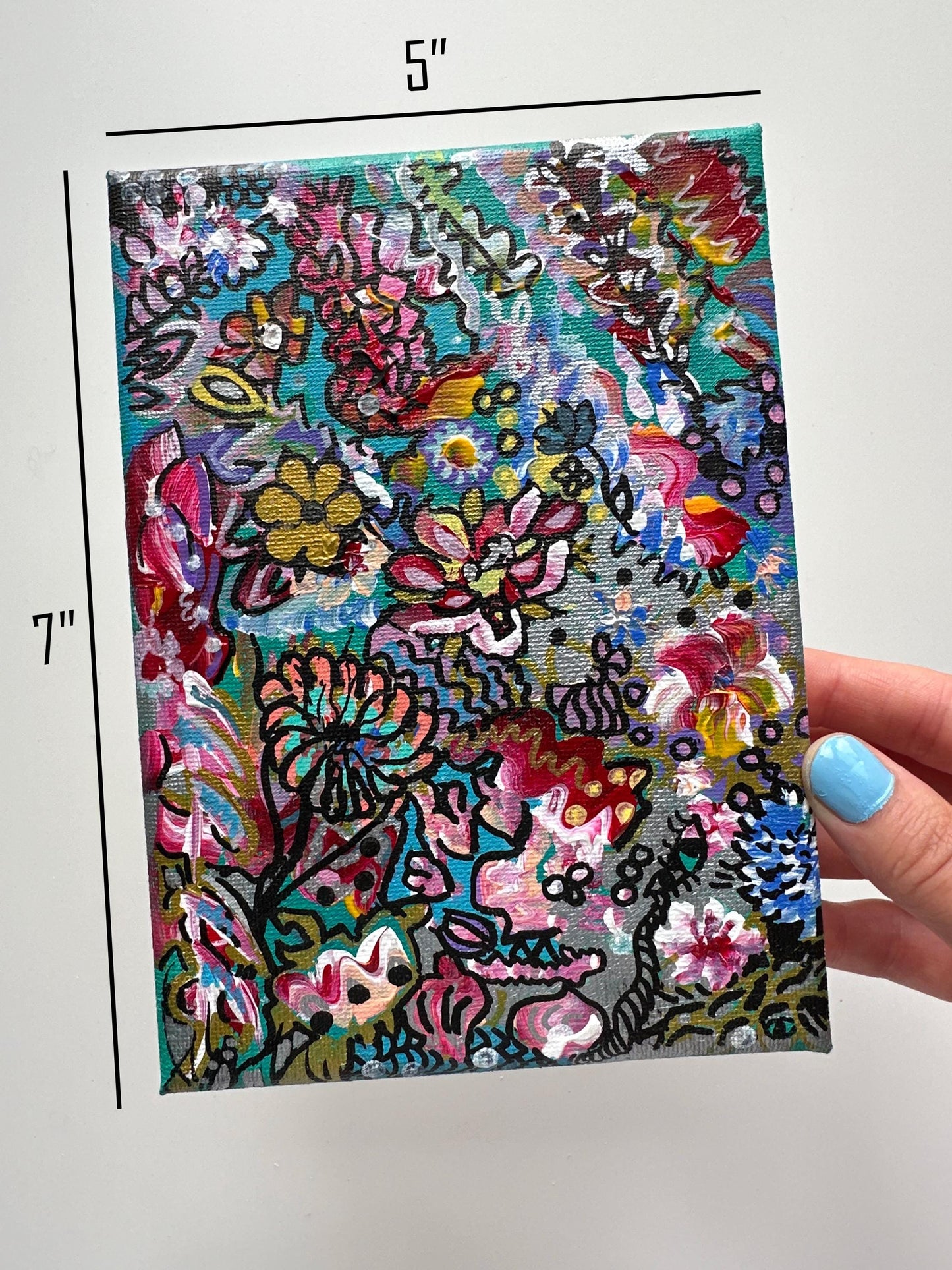 Original Floral Abstract Acrylic Painting: Colorful Small Canvas Art (5x7)